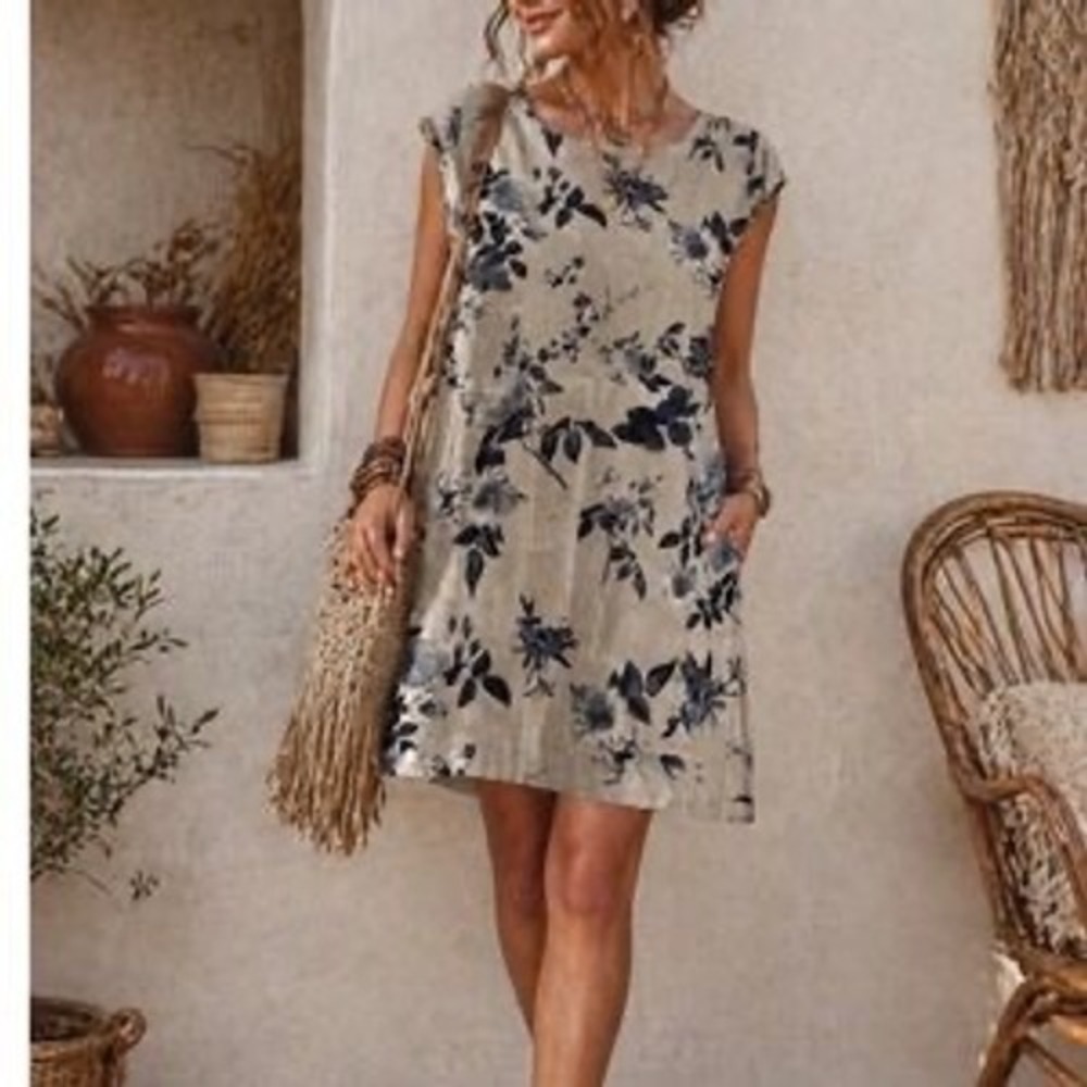 Lungo L'Arno Italy 100% Linen Floral Shift Dress Blue Beige 2X‎